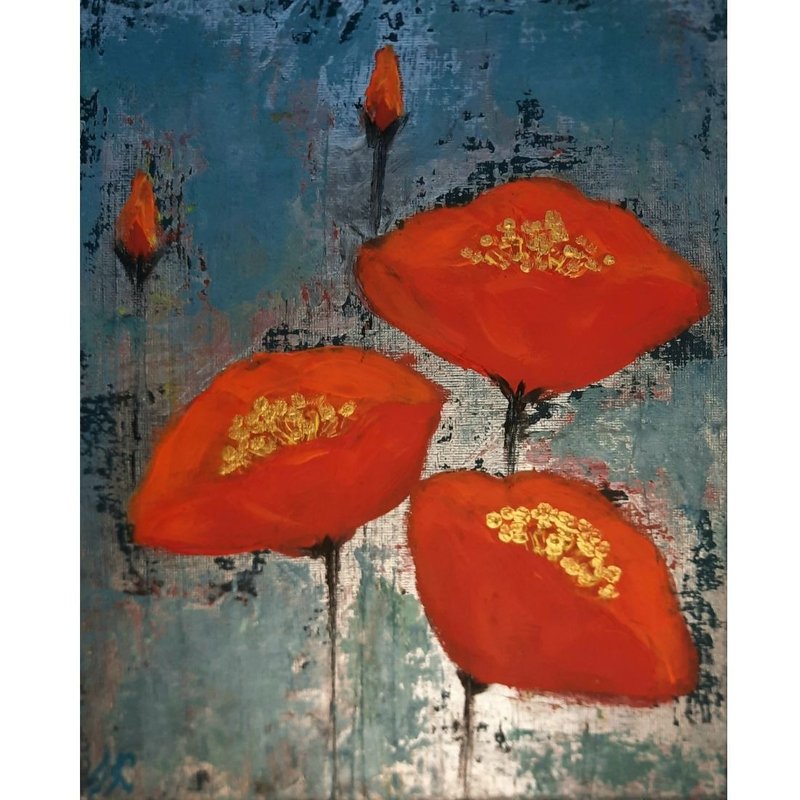 Red poppies painting bouquet Poppies painting canvas Red flowers wall art - Posters - Wood Red