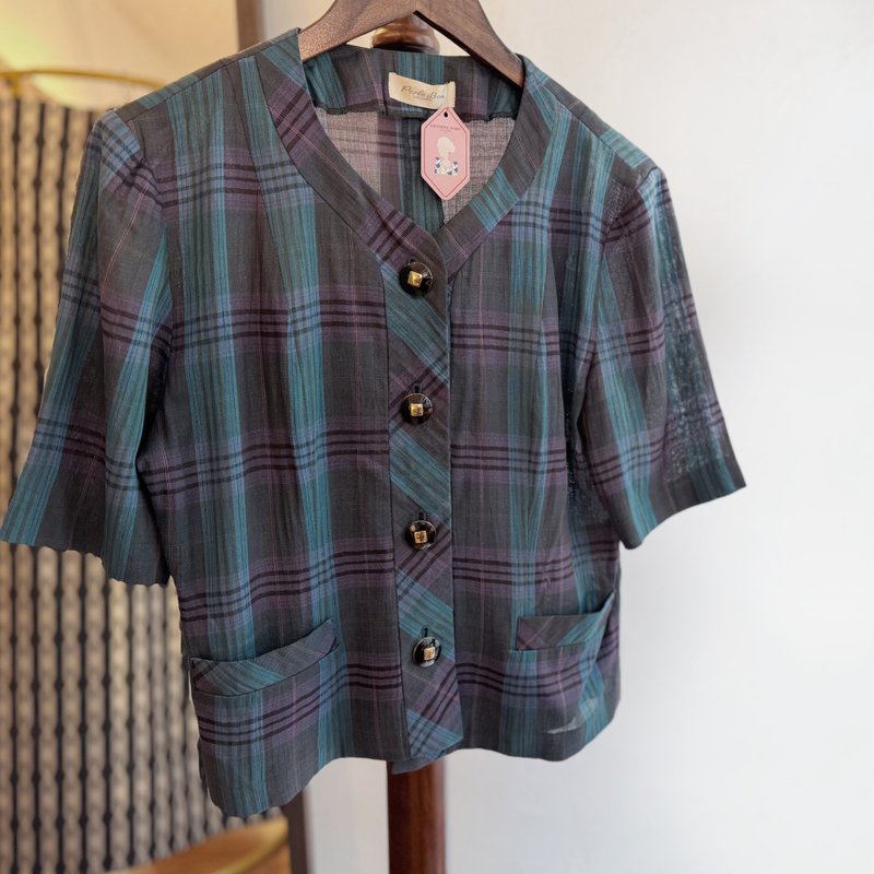 80s plaid shirt - เสื้อเชิ้ตผู้หญิง - ไฟเบอร์อื่นๆ สีน้ำเงิน