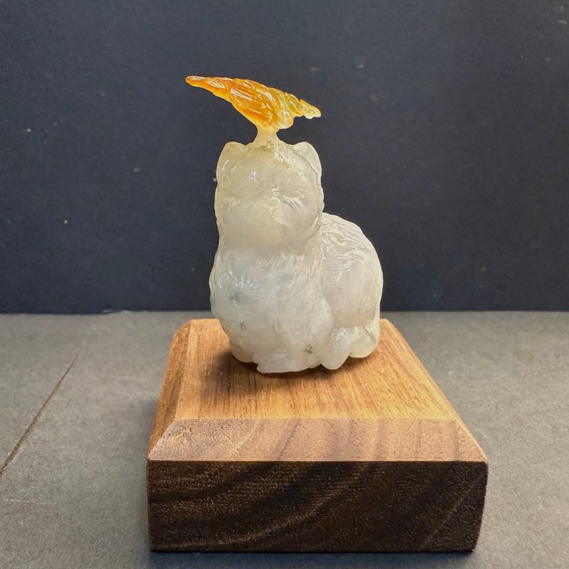 天然A貨翡翠 可愛特色小擺件 冰黃蝴蝶+小狐狸 天然緬甸玉 - 其他 - 玉石 