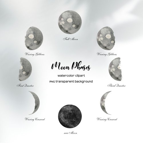 Art and Funny Watercolor Moon Phases Clipart, 8 PNG Ethereal Moon Phases