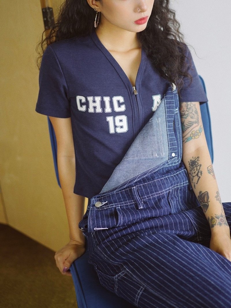 Coolstore | Light Retro American Zipper Short Sleeve Top Letter T_ Dark Blue - Women's T-Shirts - Other Materials Blue