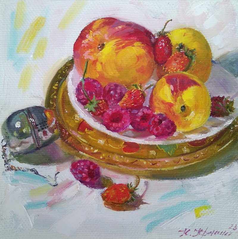 Berries Still Life, Fruit Original Oil Painting, フルーツの絵画 - ตกแต่งผนัง - วัสดุอื่นๆ หลากหลายสี