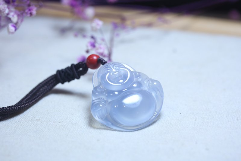 [Laughing mouth always open] Lucky Guardian Maitreya Buddha Laughing Buddha Pendant Natural Jade Original Stone Blue Chalcedony Necklace - Charms - Jade Blue