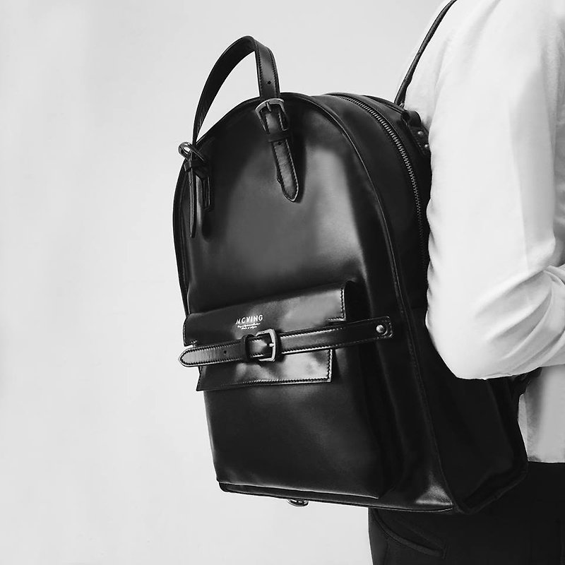 After full black leather Italian BINDING Backpack (including leather strap 2) - Backpacks - Genuine Leather Black