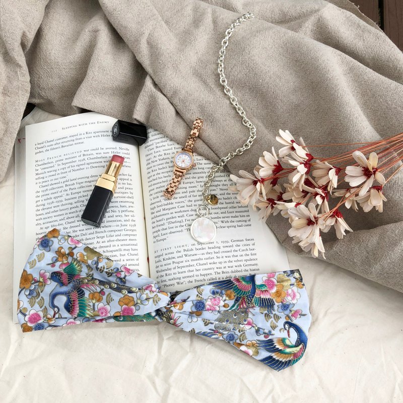 龍鳳呈祥 / 藍 燙金 / 寬版 鬆緊手工髮帶 - 髮箍/髮帶 - 棉．麻 