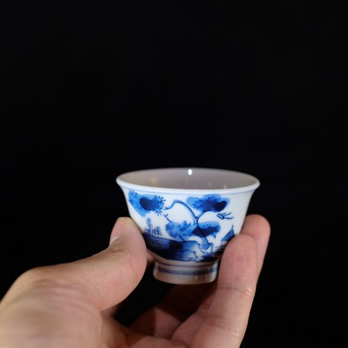日本古美術】手繪青花瓷杯6客茶杯煎茶杯潮汕泡天然薌沉香檀香