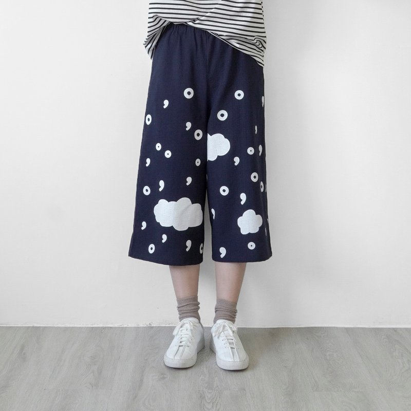 逗點句點標點雲雨寬褲-深藍色 - 女長褲 - 棉．麻 藍色