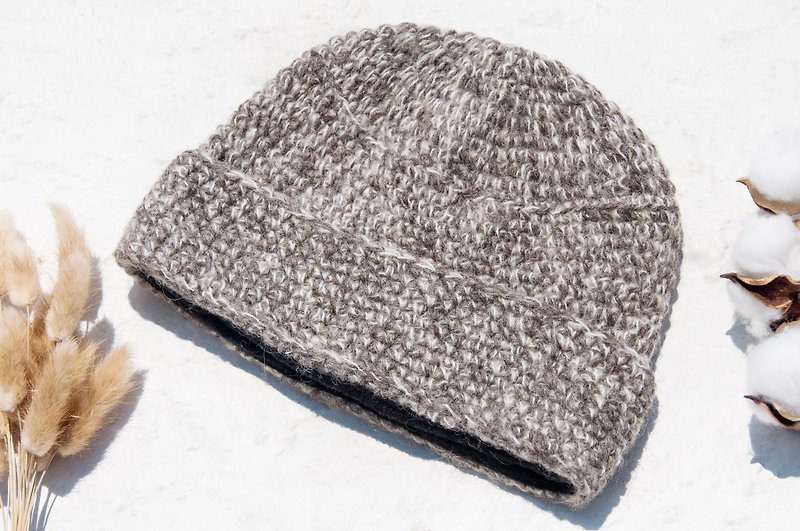 Hand-knitted pure wool hat/knitted hat/knitted woolen hat/inner bristles hand-knitted woolen hat/wool hat-mixed gray - Hats & Caps - Wool Gray