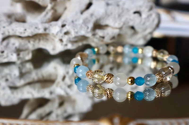 Aquamarine Blue Agate Blonde Crystal Moonstone│Mining Crystal Bracelet 14K Gold Packed Bracelet - สร้อยข้อมือ - คริสตัล สีทอง