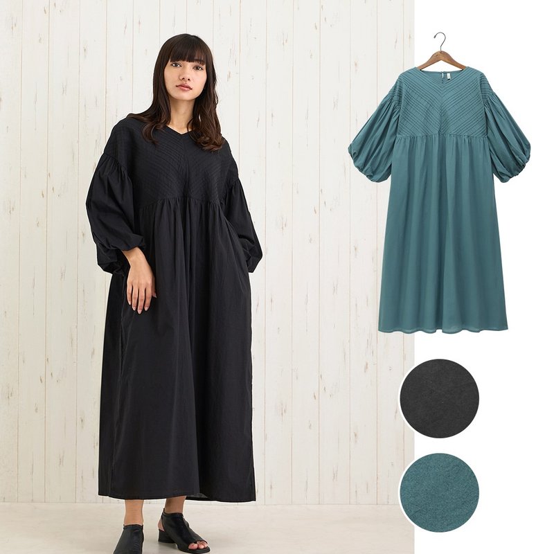 [Pre-order] Puff sleeve solid twill dress made in India - One Piece Dresses - Cotton & Hemp Black