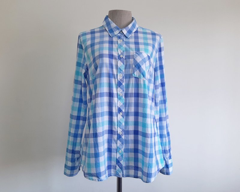 Small Vintage TOMMY HILFIGER White Blue Gingham Shirt Womens Long Sleeve Blouse - 女上衣/長袖上衣 - 棉．麻 藍色