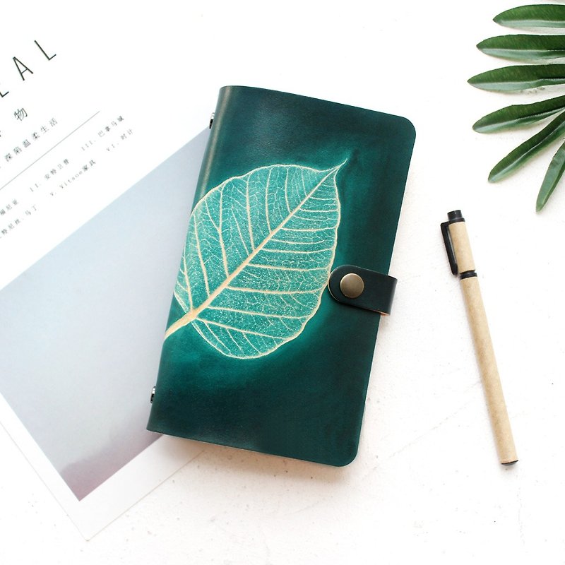 Dark green Bodhi leaf A6 loose-leaf notebook hand book manual leather notebook log book clothing - สมุดบันทึก/สมุดปฏิทิน - หนังแท้ สีเขียว