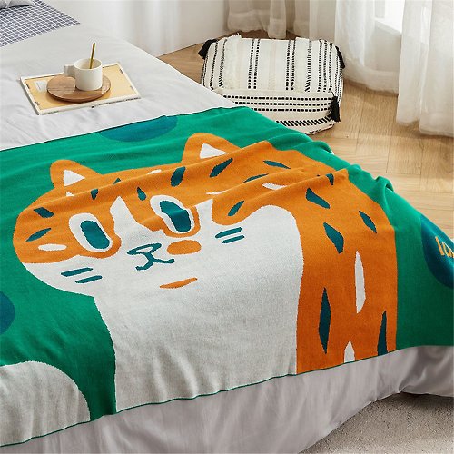 如茉 原創手繪貓咪主題家居館 祿祿喵 綠色貓咪全棉針織提花沙發毯蓋毯子 夏季空調毯休閒蓋毯