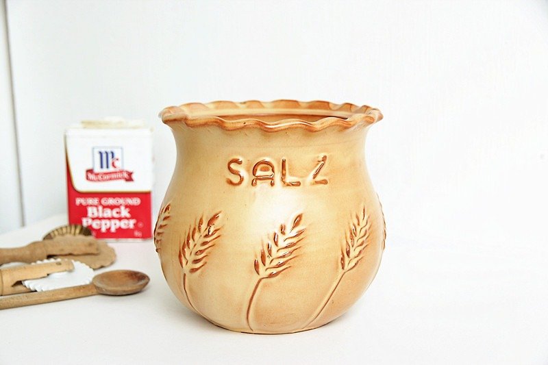 [良い日]フェチイタリアのヴィンテージの手作り陶器ジャー塩ピンチ - 調味料入れ - 陶器 ブラウン