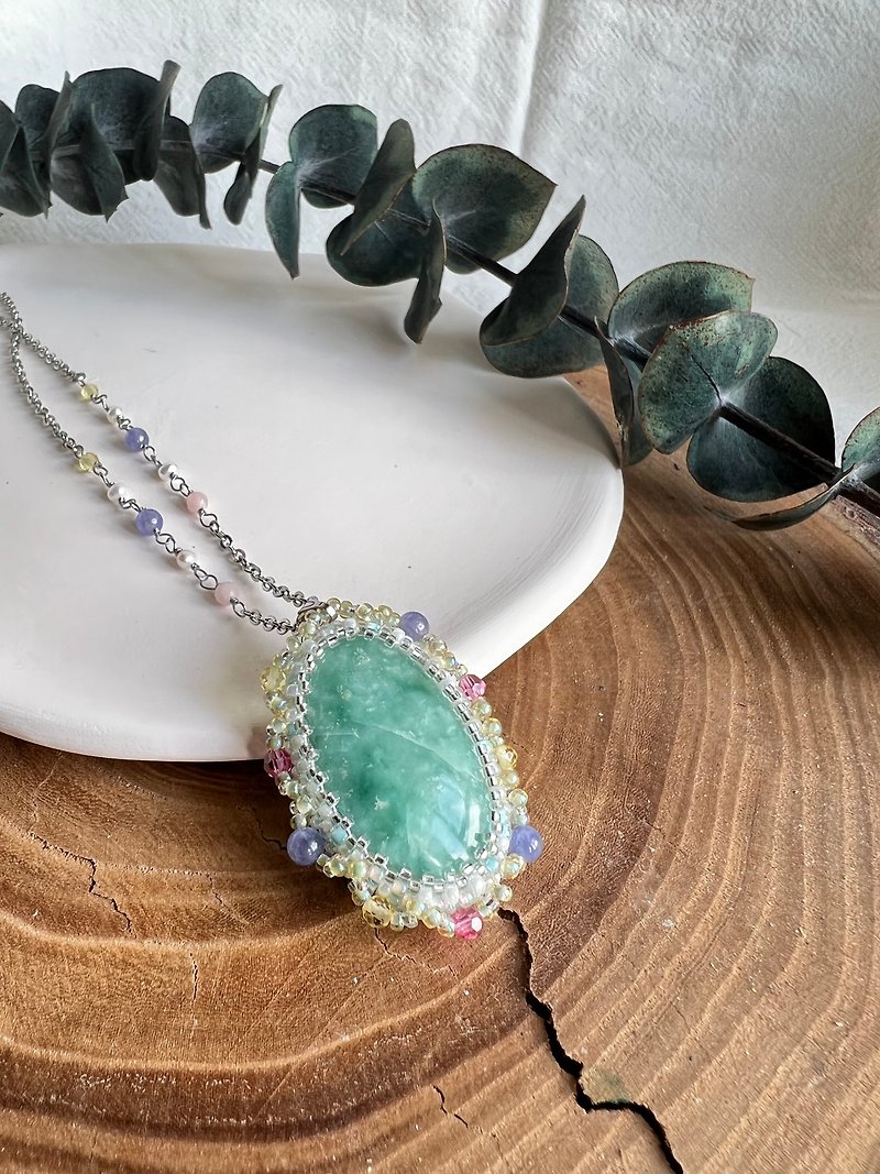 Hemilite Beaded Pendant with Gemstone-Wound Chain - Necklaces - Crystal Green
