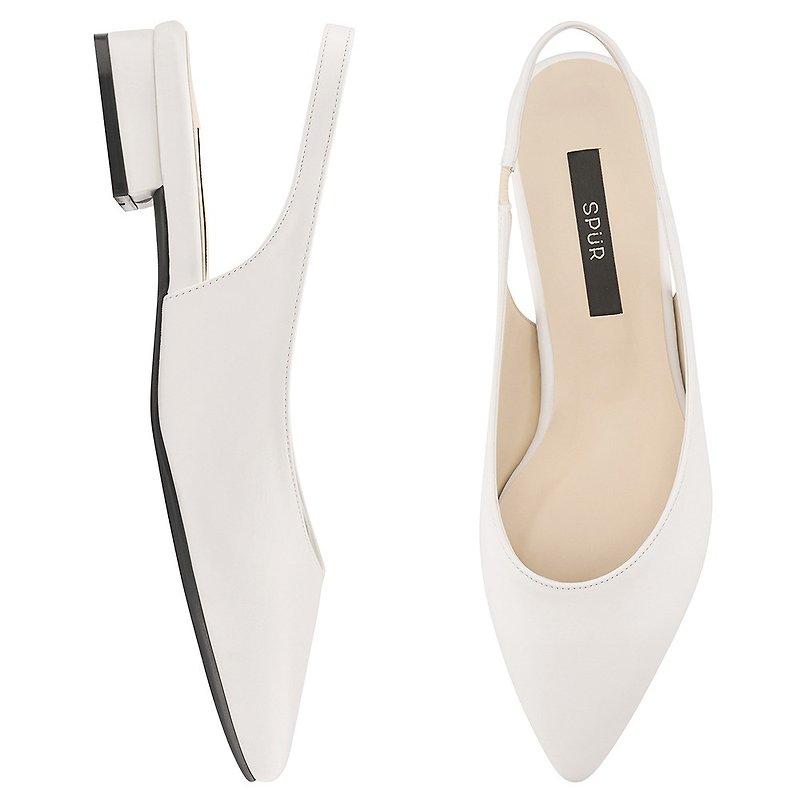 PRE-ORDER SPUR Point Toe Slingback Flat QS7001 WHITE - รองเท้าหนังผู้หญิง - วัสดุอื่นๆ 