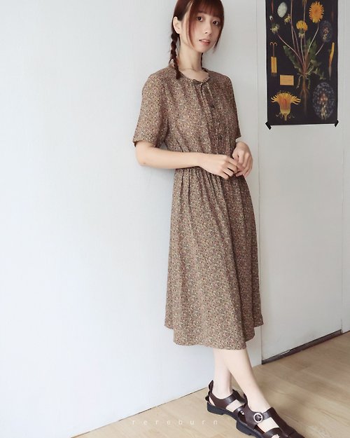 REreburn 日本製日系昭和風復古變形蟲褐色寬鬆短袖古著洋裝