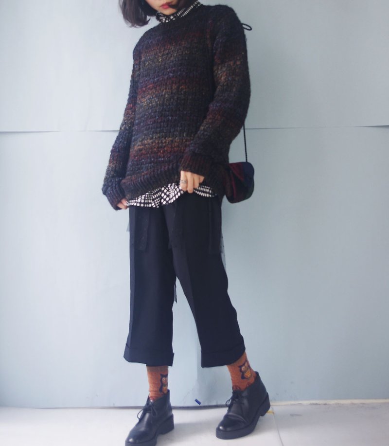 Vintage Treasure Hunt - dark gradient rainbow thick knit long sweater - สเวตเตอร์ผู้หญิง - เส้นใยสังเคราะห์ สีดำ