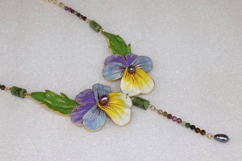 Unique artistic necklace Forest Viola colored with stones - Necklaces - Genuine Leather Multicolor