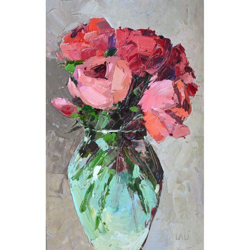 LelyaCharaArt Roses Painting 24x15cm Original Oil Painting Floral Art 10'x6' Pink Roses Origin