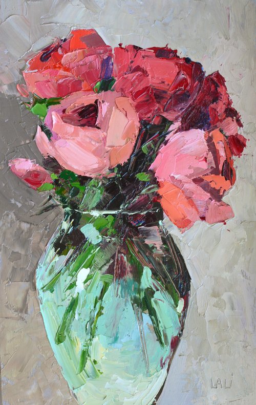 バラの絵 24x15cm オリジナル油絵 花のアート 10'x6' ピンクの