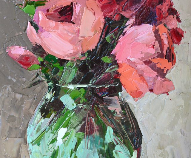 バラの絵 24x15cm オリジナル油絵 花のアート 10'x6' ピンクの