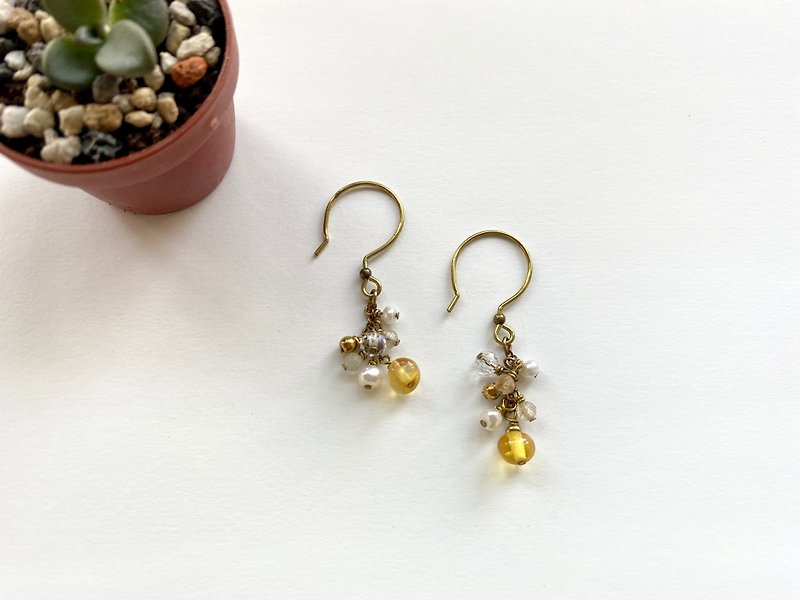 黃銅耳環 | 白水晶 | 琥珀   耳針 / 耳夾 - 耳環/耳夾 - 銅/黃銅 