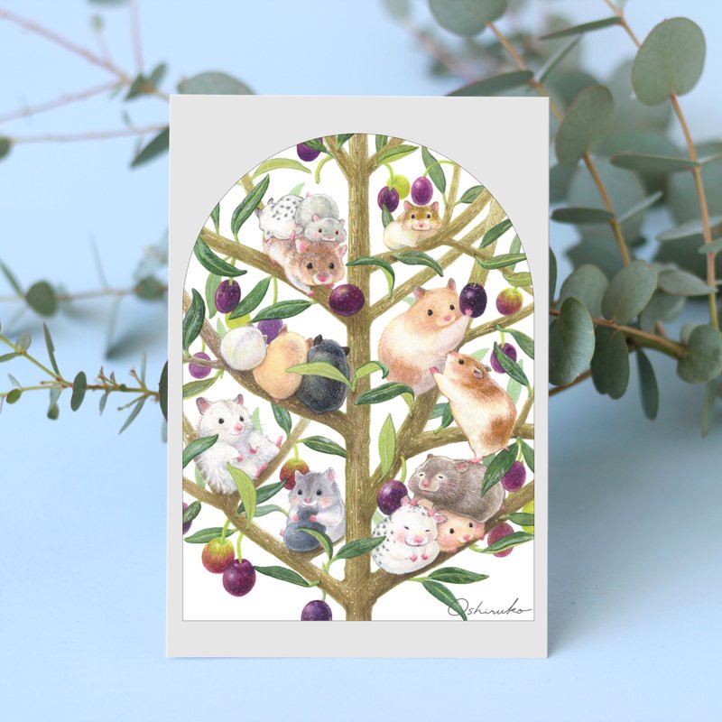 Set of 2 Postcards: Hamsters on an olive tree - การ์ด/โปสการ์ด - กระดาษ สีเขียว