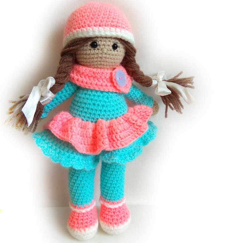 Doll in dress, crocheting doll, art doll, doll with pigtails - ของเล่นเด็ก - ผ้าฝ้าย/ผ้าลินิน สึชมพู