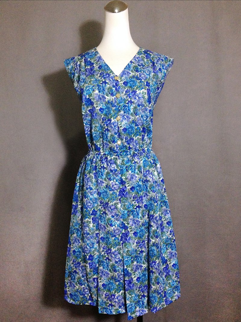 Ping pong ancient [ancient dress / blue flowers weave no sleeveless dress] foreign bring back VINTAGE - One Piece Dresses - Polyester Blue
