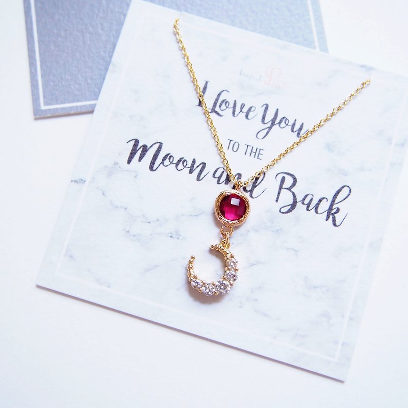 Romantic Moon & Gold Plated Edged Glass Gemstone Necklace Necklace (45cm Red) - I Love You to the Moon and Back - Necklaces - Other Metals Red