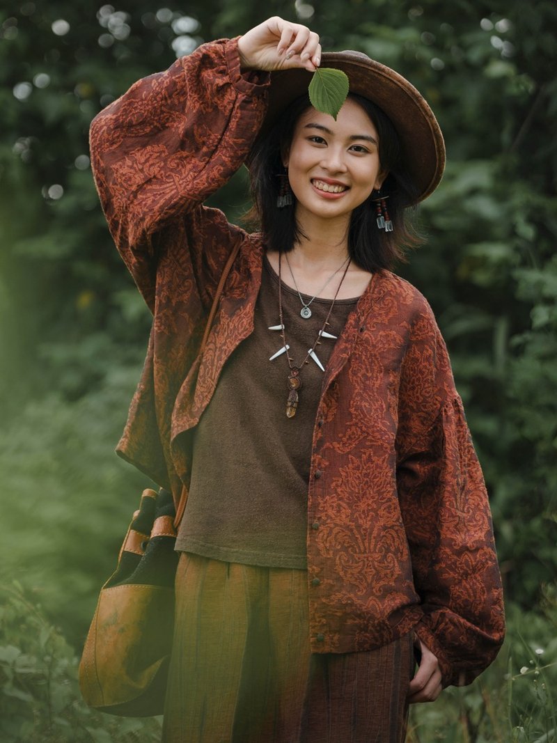 纖筏  亞麻棉提花抽褶宮廷風小短衫 寬鬆襯衫上衣 - 女襯衫 - 棉．麻 咖啡色