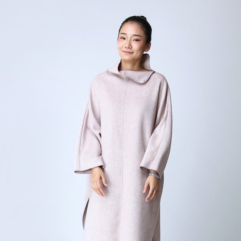 BUFU  oversized pinky woolen dress with high necks  D160903 - One Piece Dresses - Wool Pink