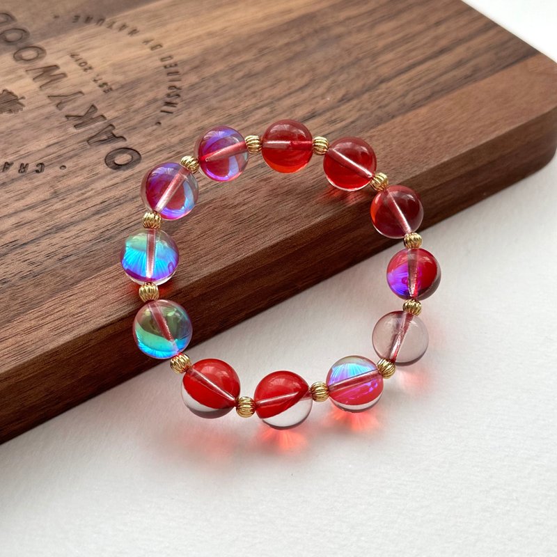 [Lucky Glazed] Dark Red Moon Glazed Stone 18k Simple Gold-plated Ball Pattern Bracelet Bracelet Lucky Believe - Bracelets - Colored Glass Red