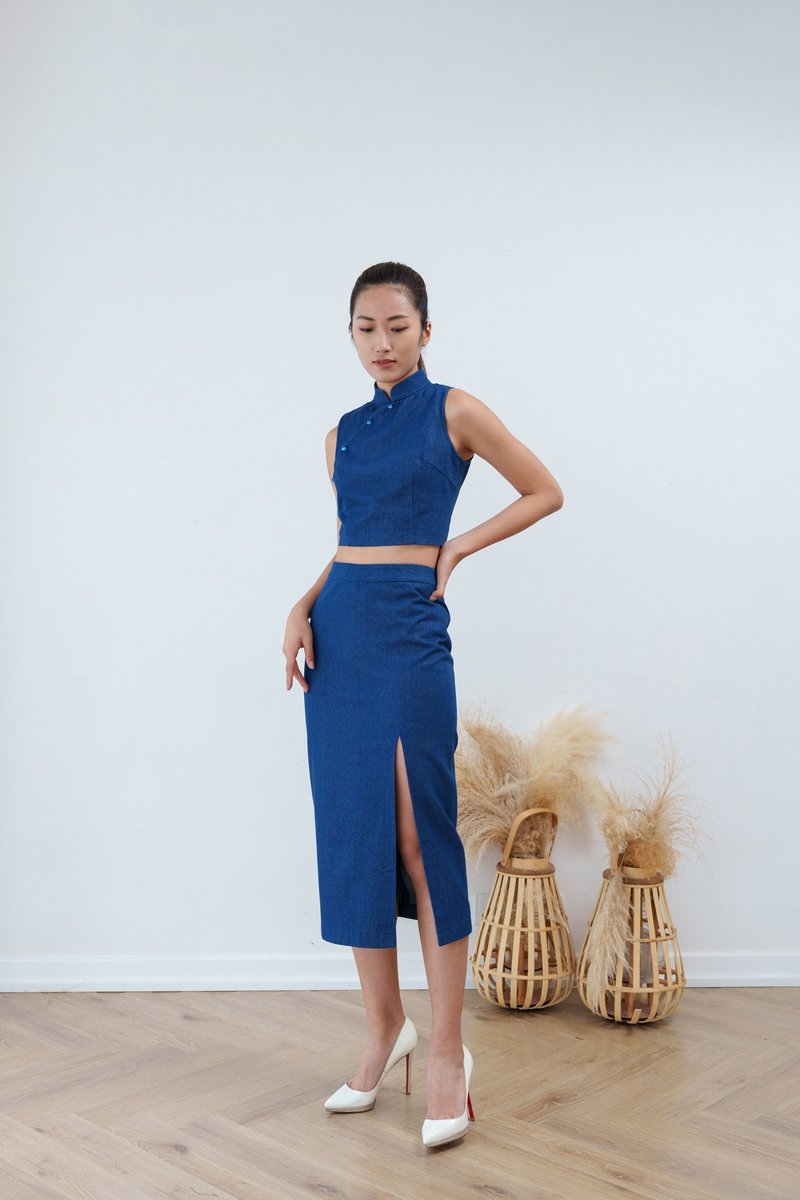 Denim Midi Skirt - Skirts - Polyester Blue