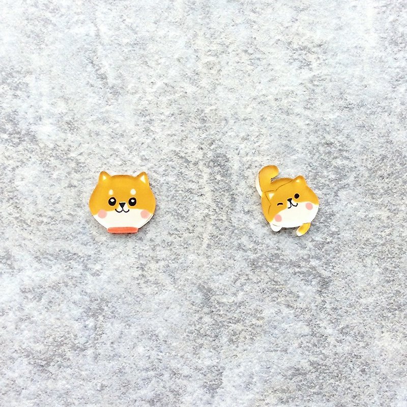 Pista mound hand-painted earrings/animal-Shiba Inu + whole body (ticking) - Earrings & Clip-ons - Resin Gold