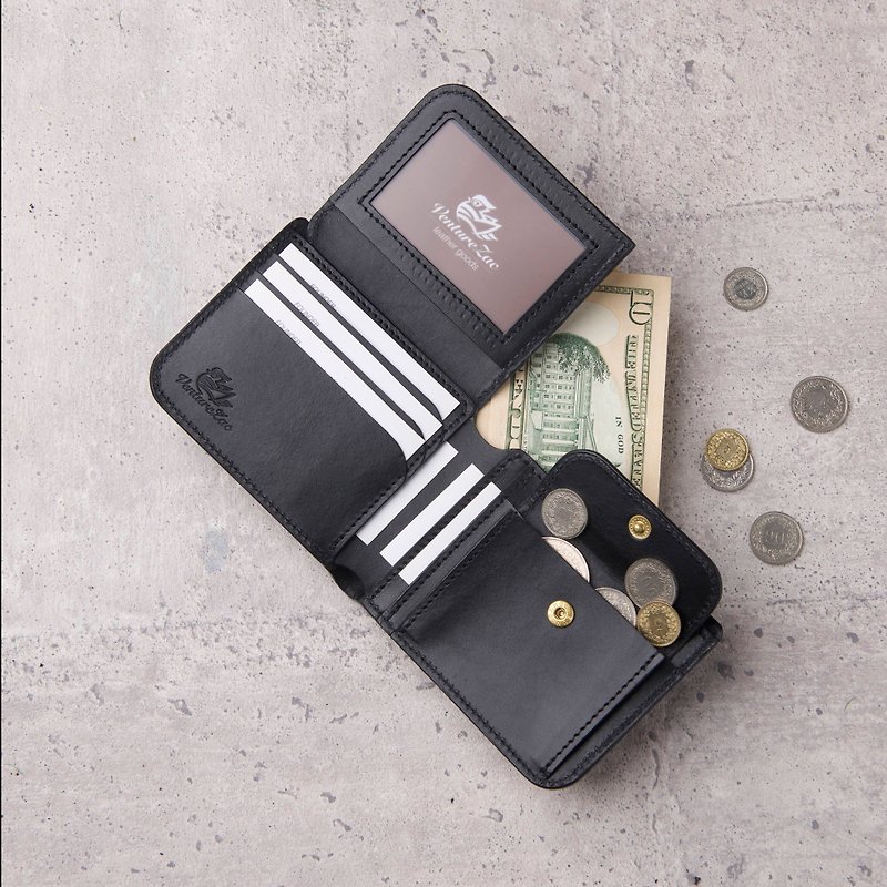 Flip ID Coin Pocket Short Clip Coin Wallet / Black Black - กระเป๋าสตางค์ - หนังแท้ สีดำ