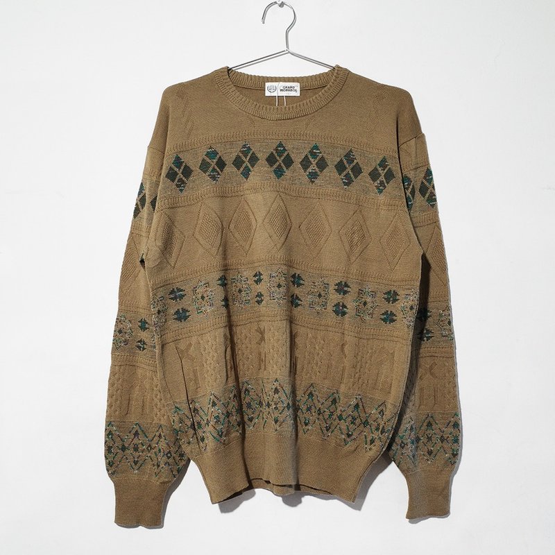 Retro sweater vintage sweater vintage sweater 75% mixed wool R00341 - สเวตเตอร์ผู้ชาย - ขนแกะ สีกากี