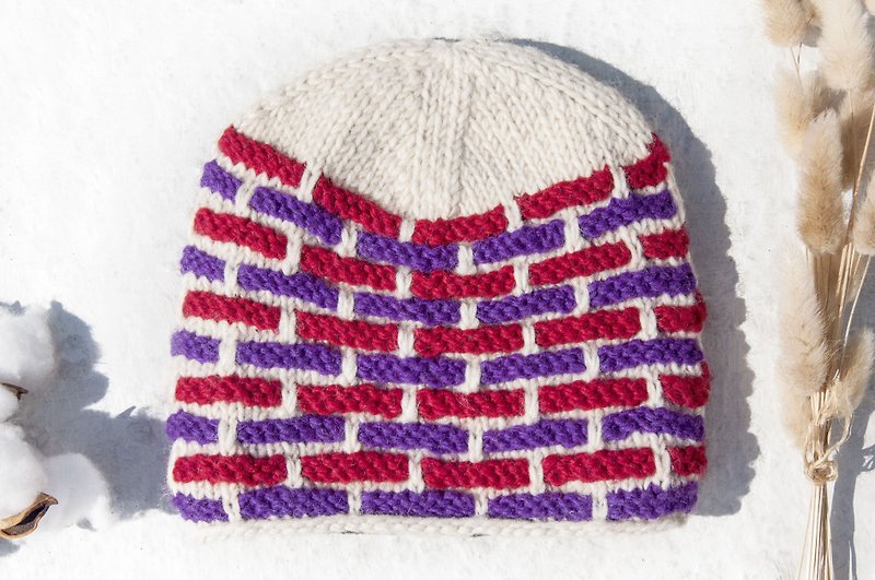 Hand-knitted pure wool hat/knitted hat/knitted woolen hat/inner bristles hand-knitted woolen hat/ woolen hat-dotted line - Hats & Caps - Wool Multicolor