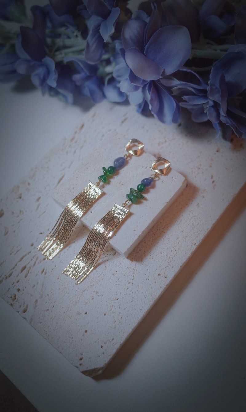 Twisted Tassel Natural Stone Earrings - ต่างหู - โลหะ สีทอง