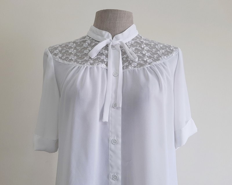 Vintage White Lace Sheer Blouse - Women's Tops - Polyester White