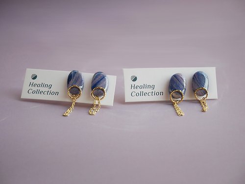 療癒收藏室Healing Collection 療癒收藏室 | 魔境夢遊 紫色大理石感橢圓形金圈金鍊手工軟陶耳環