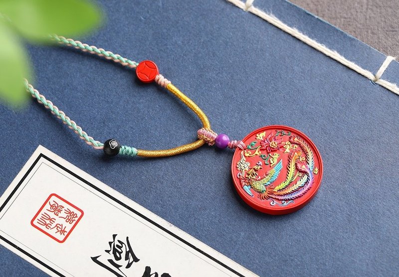 天然原礦硃砂精品紅砂彩繪鳳凰吊墜  硃砂含量高達95%以上 - 項鍊 - 寶石 