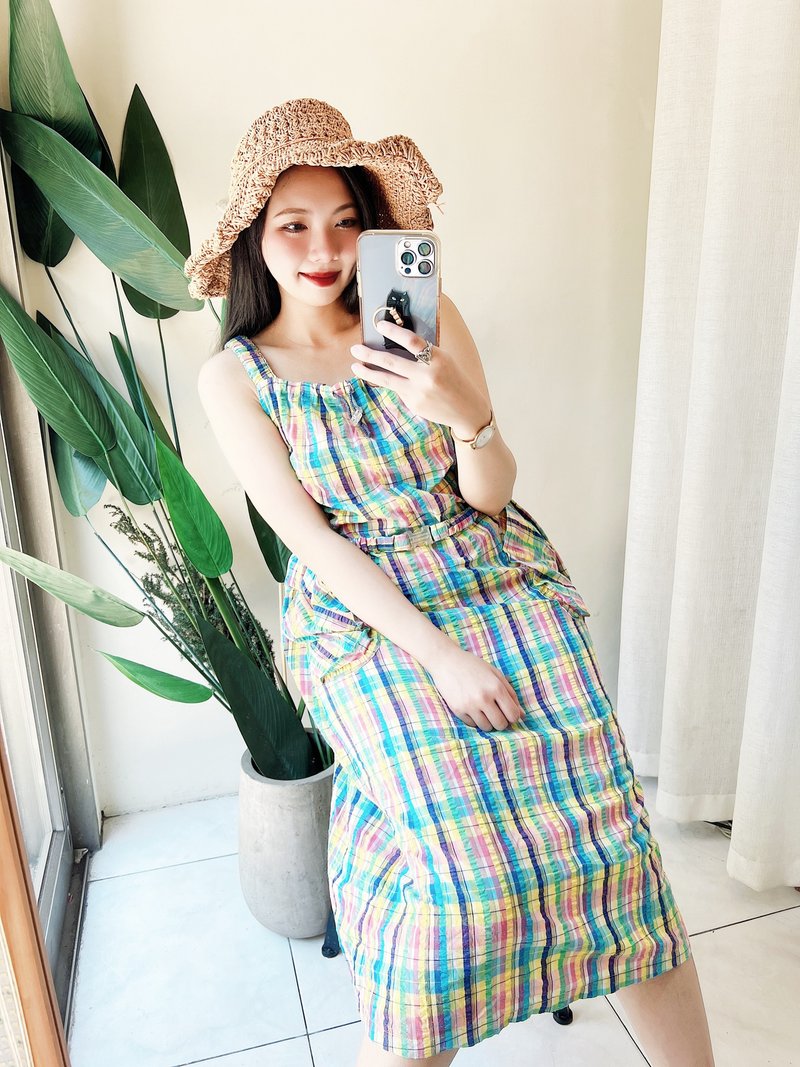 糖果夢幻格紋棉質吊帶裙 古著洋裝連衣裙連身裙 vintage dress - 洋裝/連身裙 - 棉．麻 多色