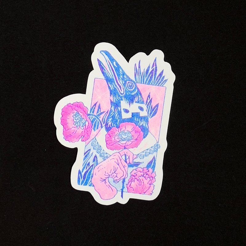 Original Risograph poppy flower and crow sticker - Stickers - Paper 