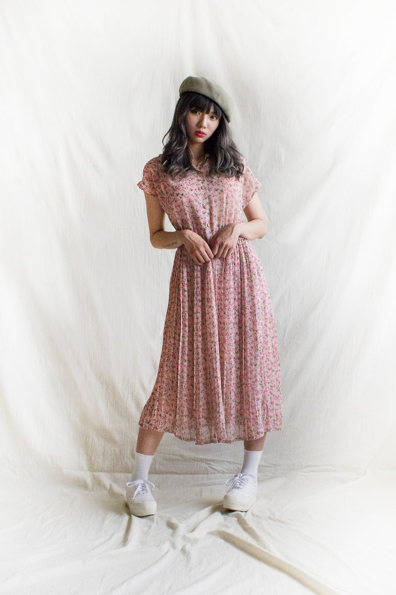 Pink Floral Half-Sleeve Vintage Dress - One Piece Dresses - Polyester 