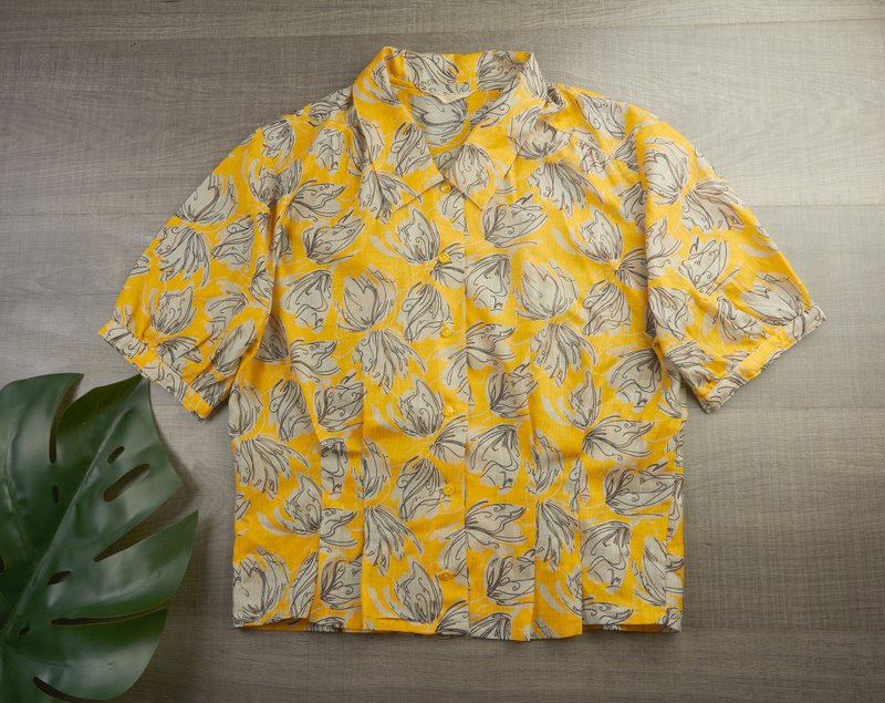 大號 | 復古女裝黃色上衣| 女士復古服裝| 復古襯衫 | 復古裝 - 女襯衫 - 其他材質 黃色