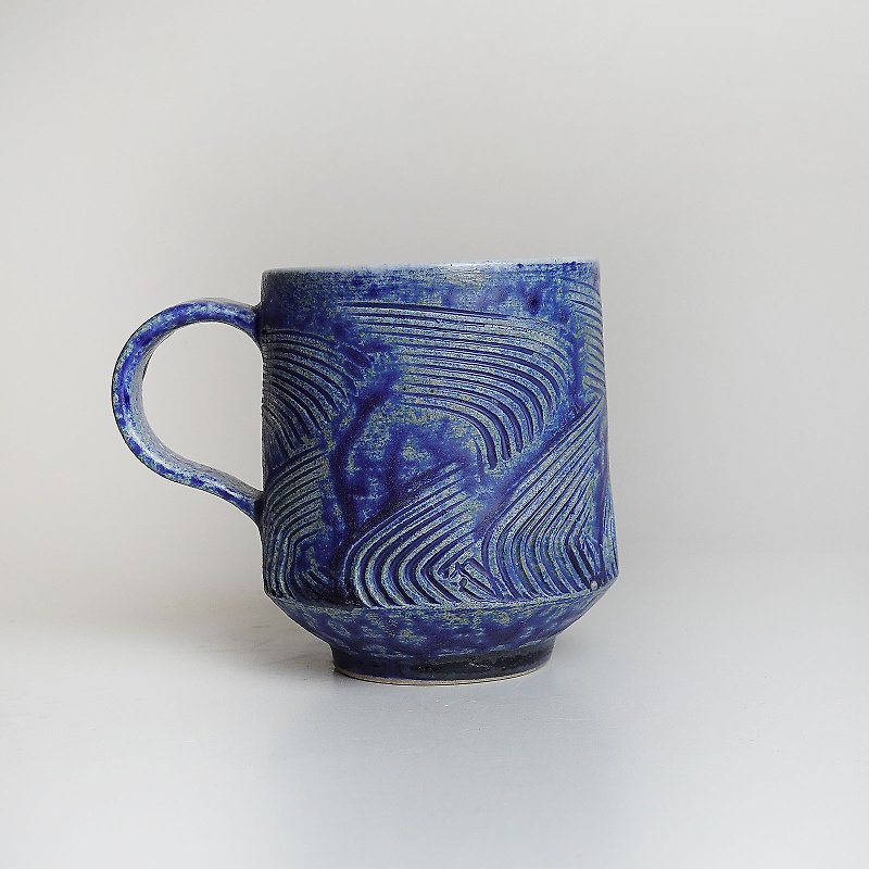 Mingya kiln l wood fired flowing water impression mug - แก้วมัค/แก้วกาแฟ - ดินเผา สีน้ำเงิน