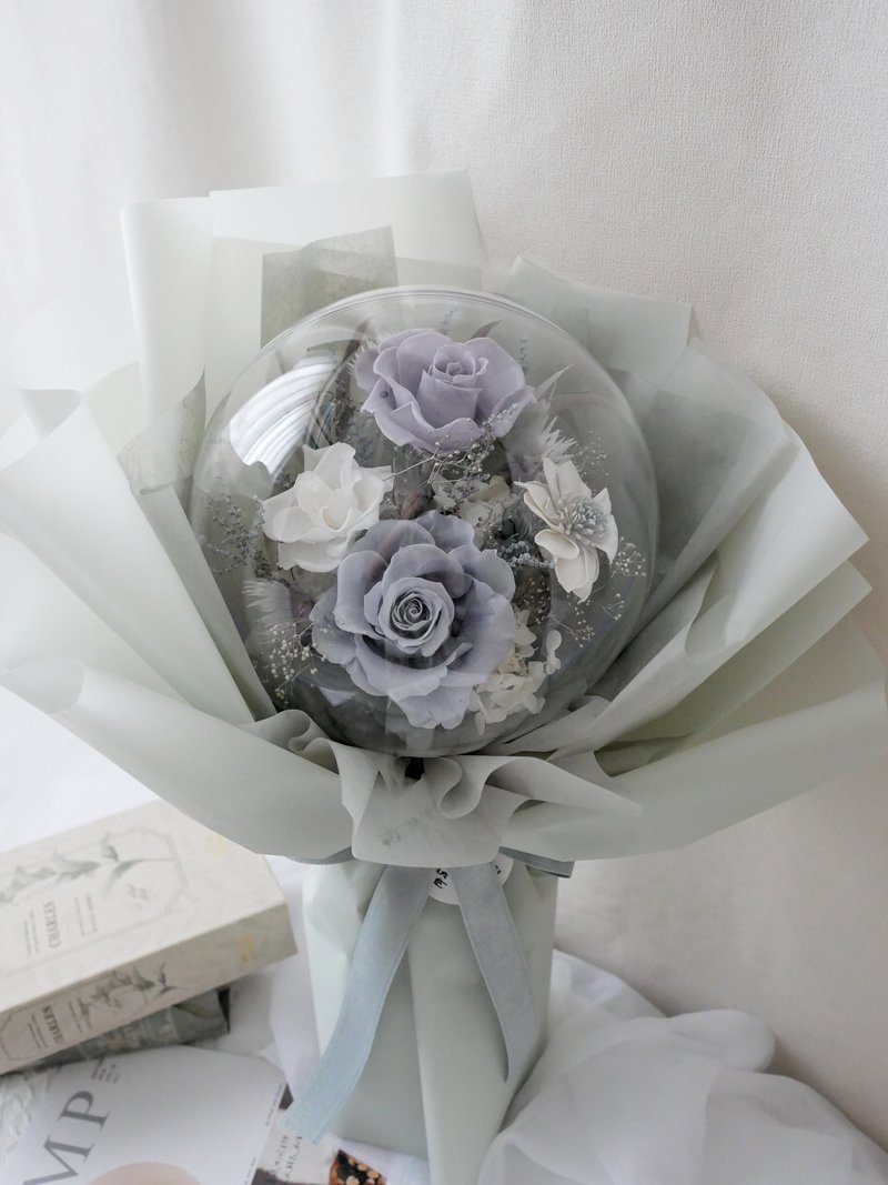 Bobo Ball Everlasting Rose Bouquet [Smoke White and Mist Gray] Valentine's Day/Permanent Flowers/Birthday/Graduation - Dried Flowers & Bouquets - Plants & Flowers Gray