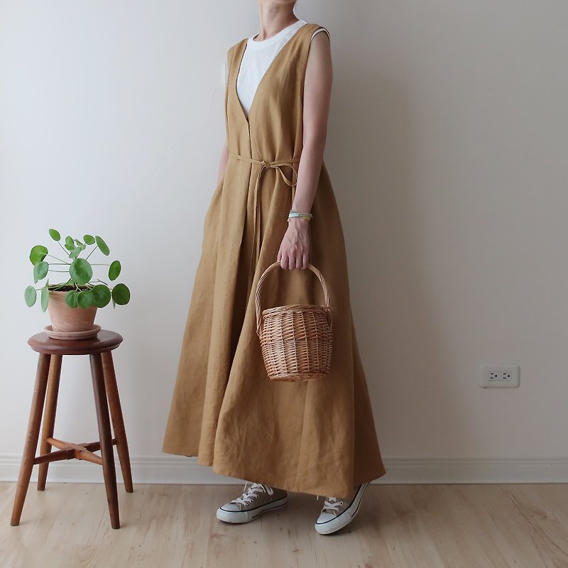 Linen Sleeveless Front Pleated Long Dress with Belt Handmade - Made to Order - - One Piece Dresses - Cotton & Hemp Brown